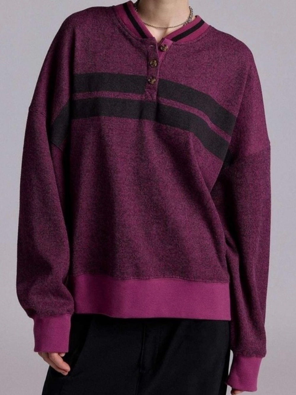 BDG Cameron Henley Striped Pullover Top Purple Long Sleeve Casual Women’s Small